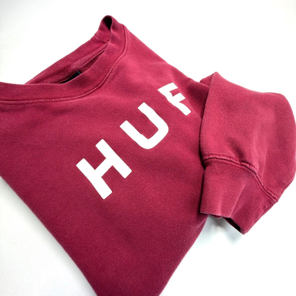 HUF Logo Crewneck Sweatshirt Burgundy Red Fleece Pullover Men's Medium Skate